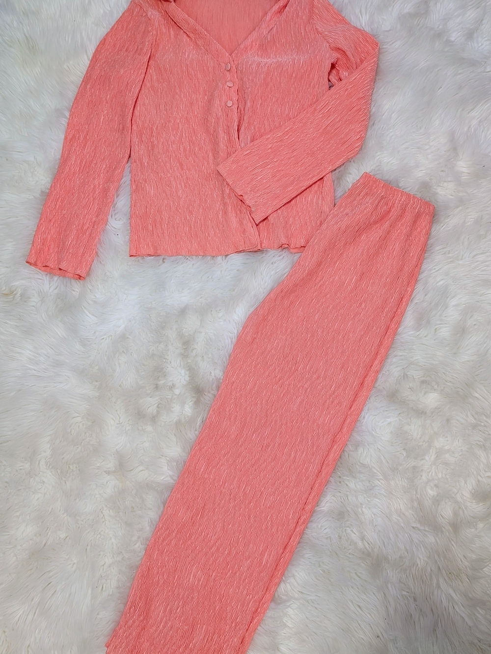 Coral Pink Two-Piece Ribbed Loungewear Set